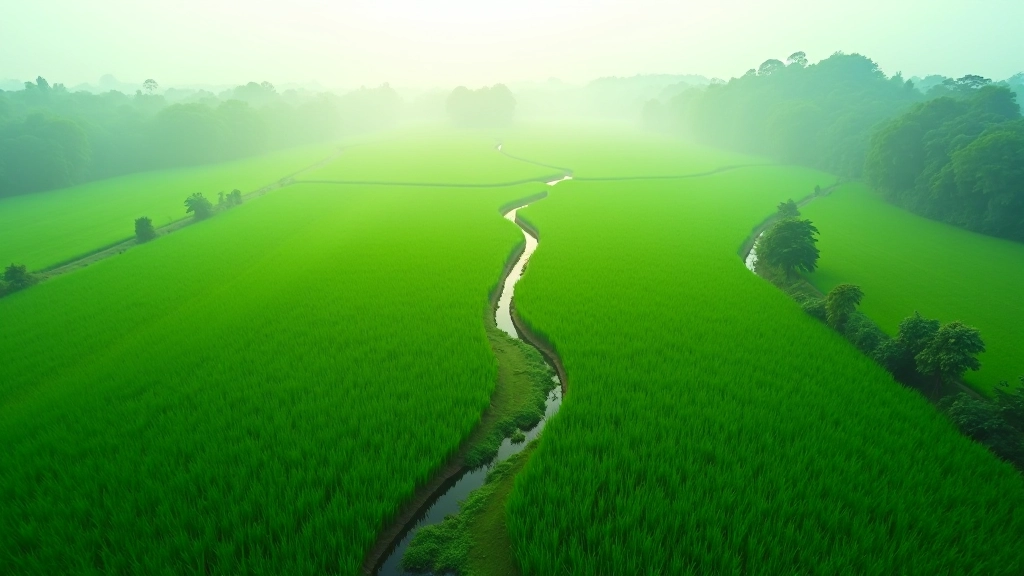 Aerial view of lush paddy rice fields with irrigation channels in rural Malaysia