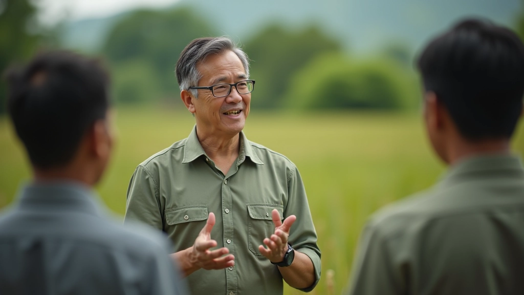 Government agricultural extension officer discussing farming practices with group of rural farmers