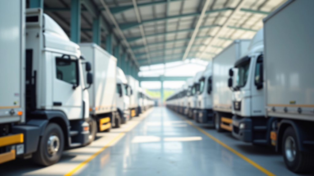 Modern agricultural logistics hub with refrigerated transport vehicles, loading docks, organized cargo handling, and distribution network infrastructure