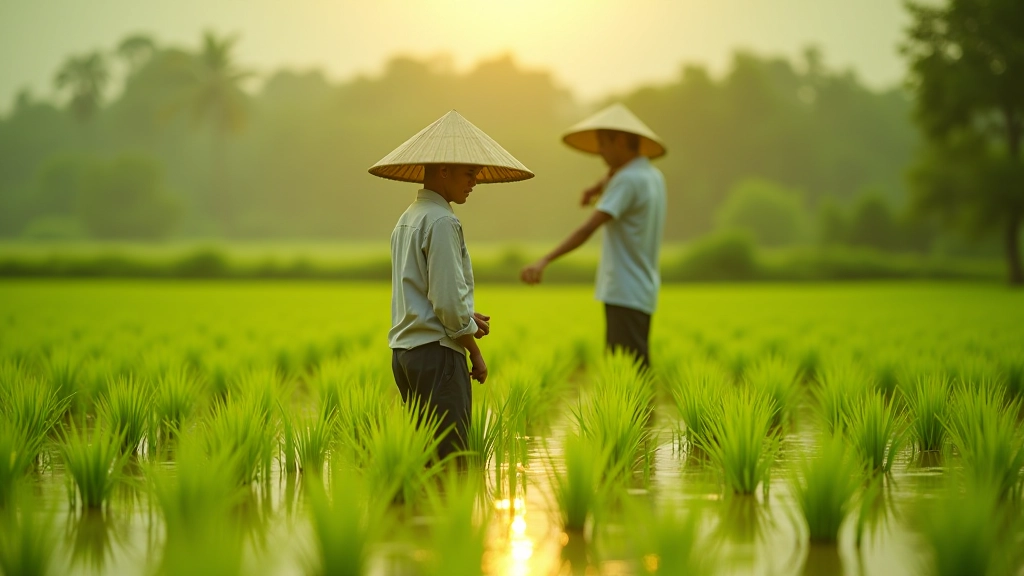 Farmer in traditional straw hat checking paddy rice plants in flooded field