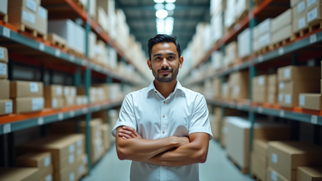 Modern agricultural warehouse with organized storage of packaged produce and equipment