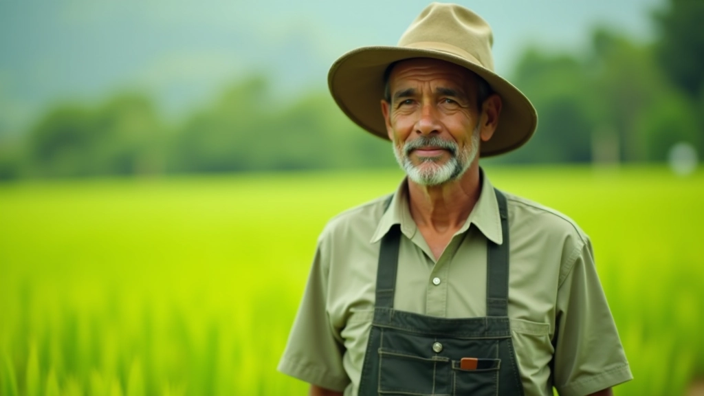 Rural farmer standing at edge of paddy field looking across landscape, wearing casual work clothes, portrait style showing farming lifestyle