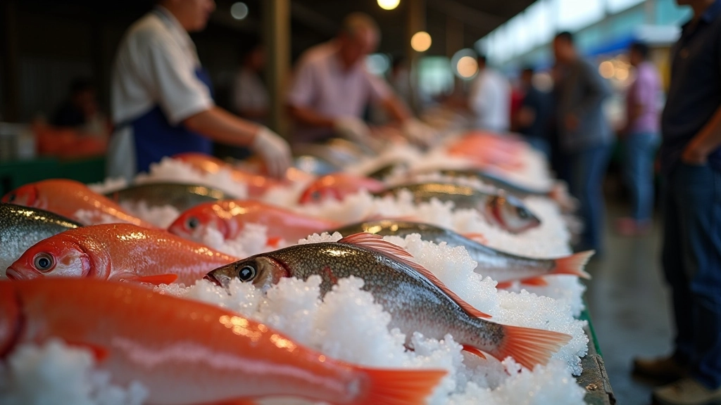 Freshly caught fish arranged on ice at a busy fish market stall with vendors and display tables