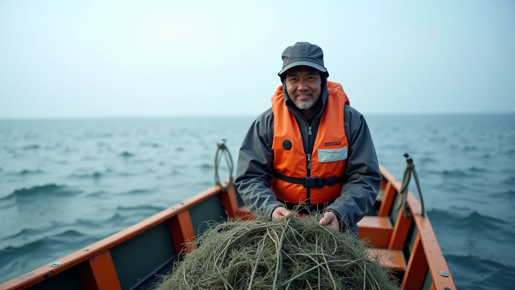 Fishermen working on a modern fishing vessel with nets and maritime equipment in open water