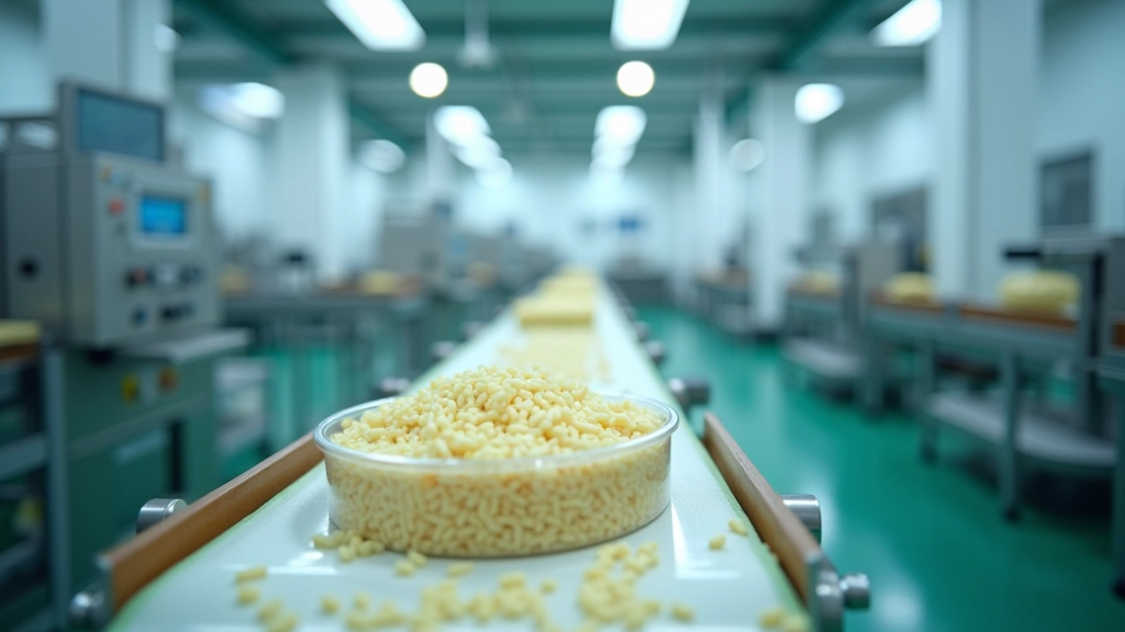 Modern food processing facility with conveyor belts, packaging machinery, workers in white coats and hairnets monitoring rice or seafood processing operations