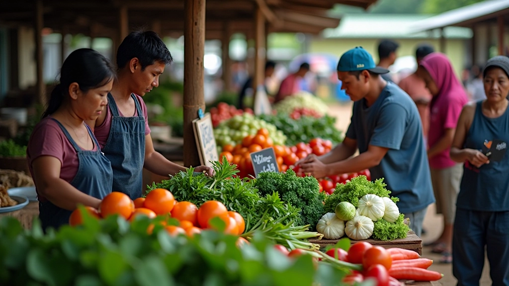 Rural farmers gathered at outdoor market stall selling fresh produce with price signs