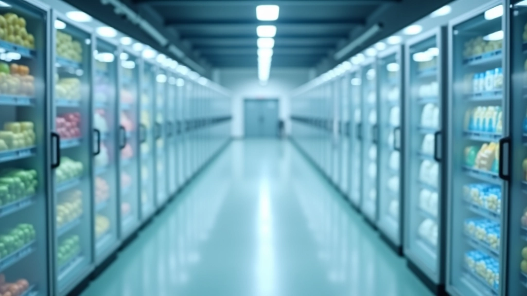 Industrial cold storage facility with rows of refrigerated units, temperature monitoring displays, and organized food storage in stainless steel containers