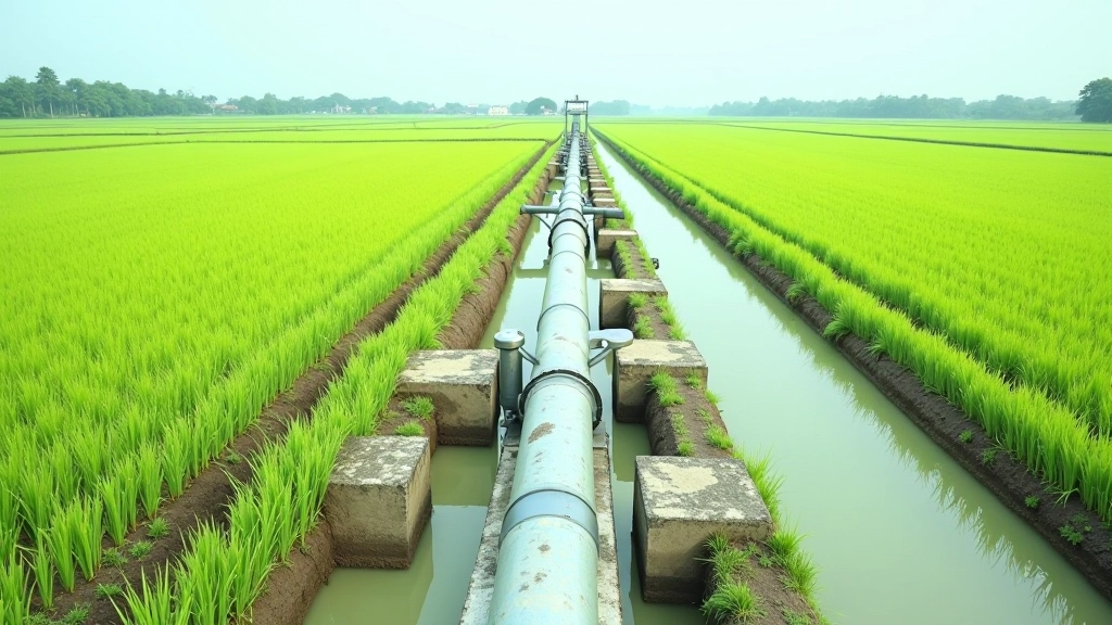 Modern irrigation system with water channels and control gates distributing water across rice paddies in organized agricultural system