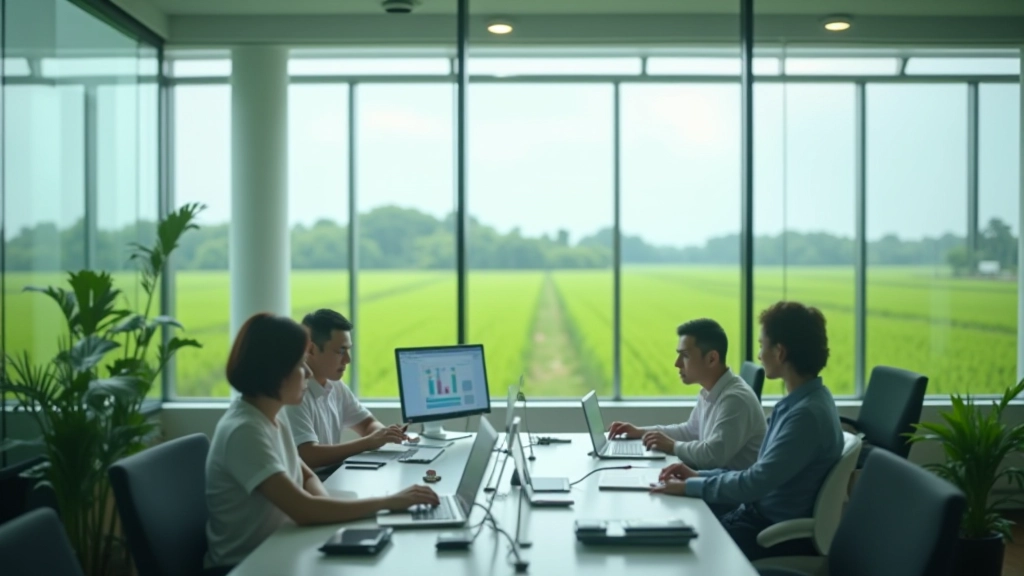 Harvest Economics research facility with paddy field views and agricultural data analysis workspace