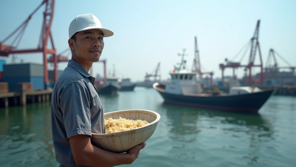 Modern fishing port with infrastructure, boats docked at facilities with cranes and storage buildings