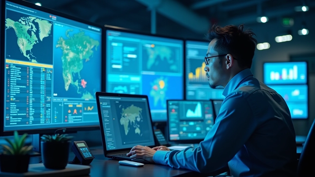 Digital supply chain tracking dashboard showing real-time logistics data, GPS maps, temperature sensors, and product movement analytics on multiple monitors