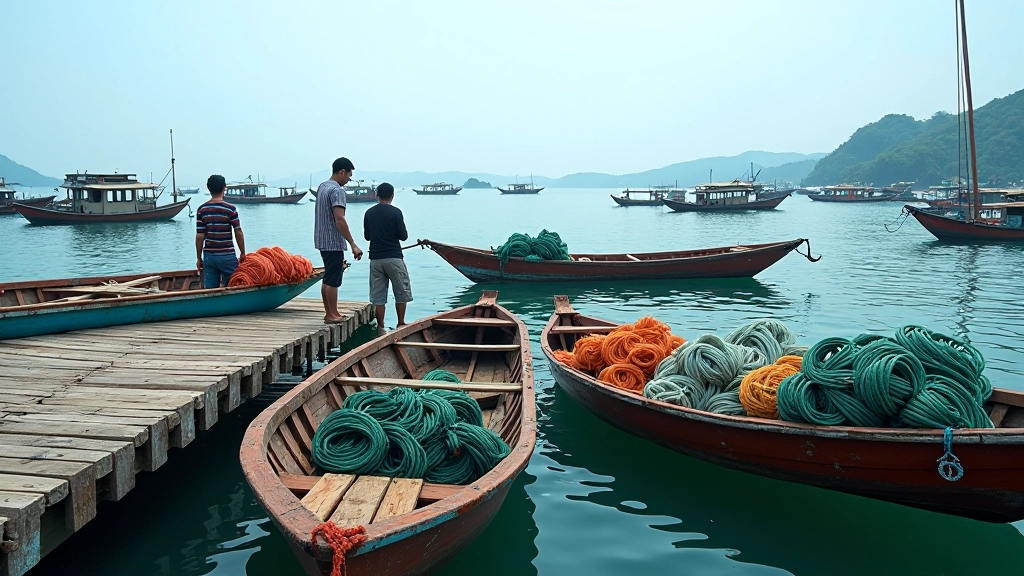 Fishing boats anchored in clear coastal waters with nets visible on the dock