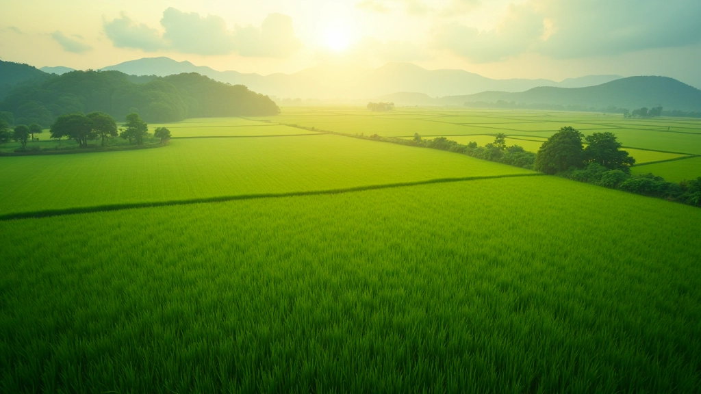 Expansive agricultural landscape with rice paddies and modern farming infrastructure in Malaysia